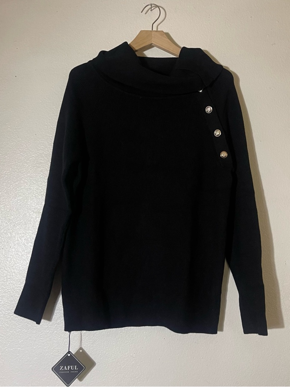 Zaful Black Asymmetrical Button Cowl Turtleneck Sweater